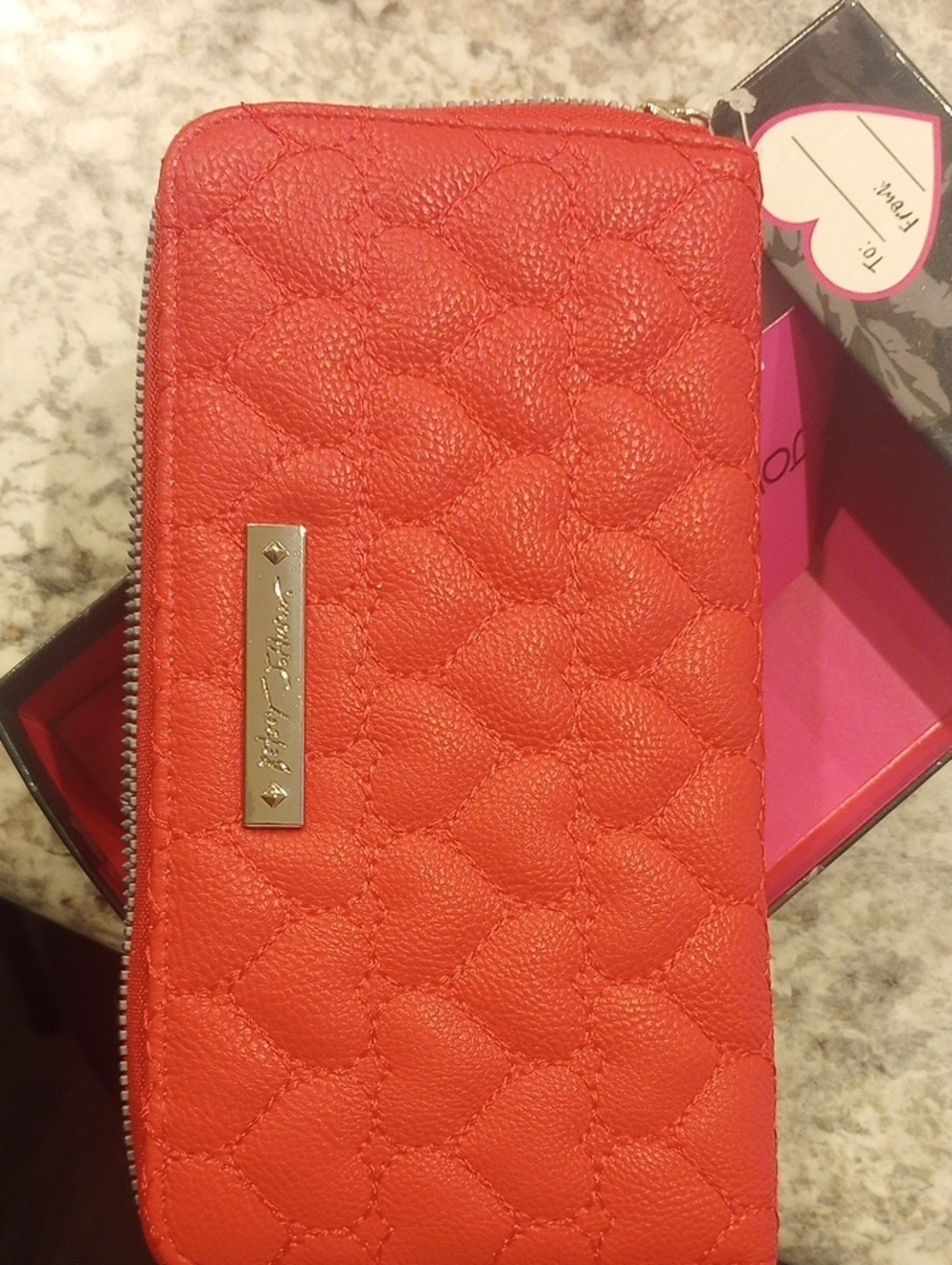 Betsey Johnson Coral Quilted Heart Zip Wallet with Gold Plaque